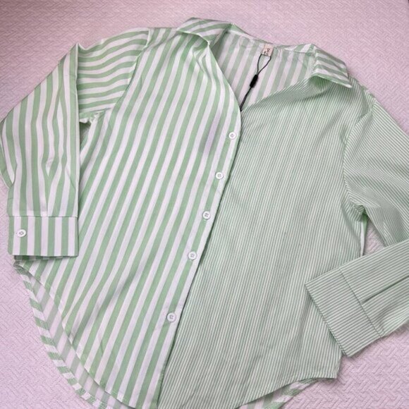 Women's Striped Button Down Shirt Size M Cropped Louse Fit Blouse Green White - Picture 12 of 16